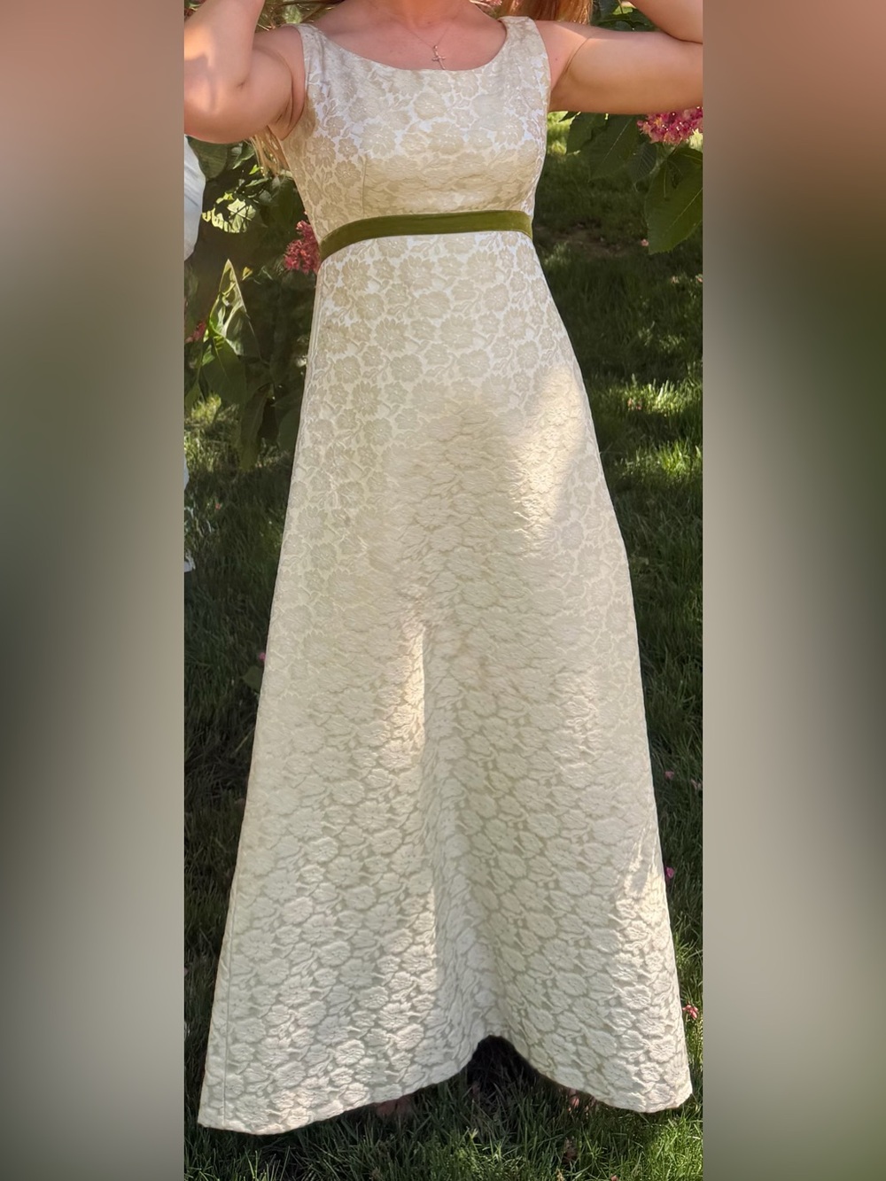Vintage Elegant Cream Embroidered Maxi Empire Waist Dress With Green Sash & Bow
